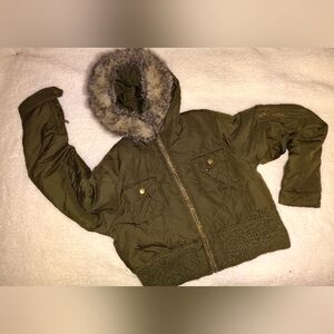 No Boundaries Olive Kids Puffer Jacket with Faux Fur Hood
